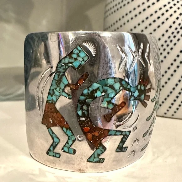 HMIJ Sterling Silver Native American Navajo Bracelet Turquoise,Coral Handcrafted - Picture 8 of 10